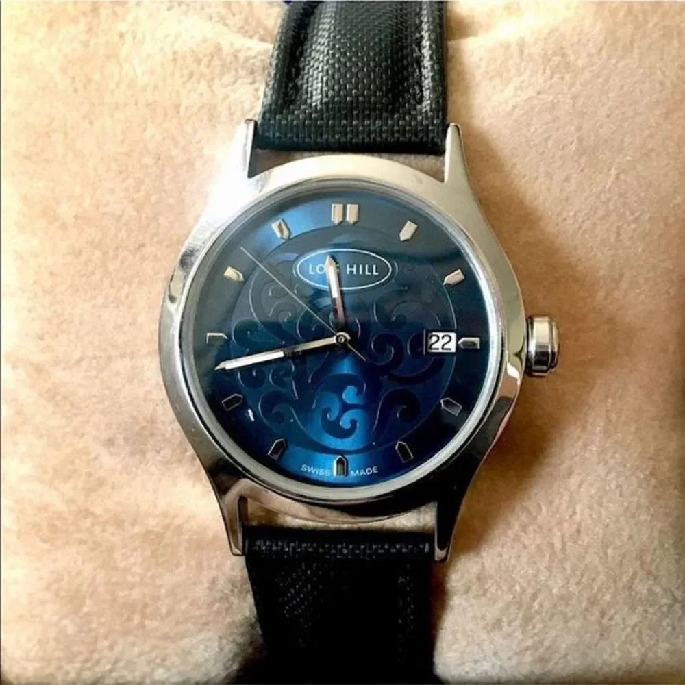LOIS HILL Swiss Blue Round Face Watch with Black Leather Replacement Band